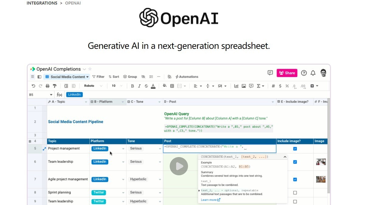 
OpenAI in Spreadsheet.com
